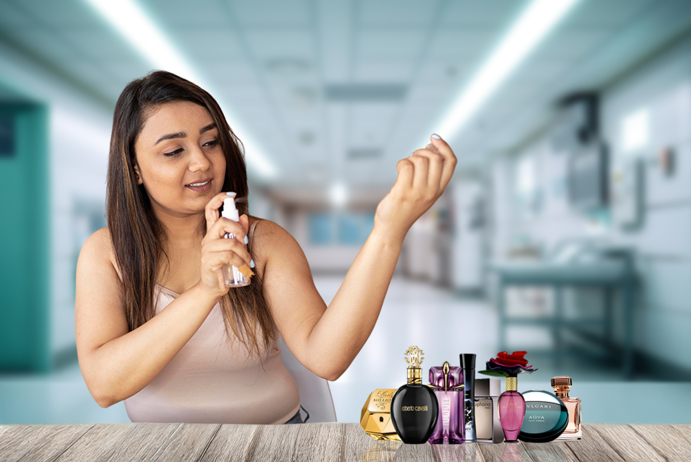 Perfume bottles with a caution symbol, highlighting potential risks to fertility.